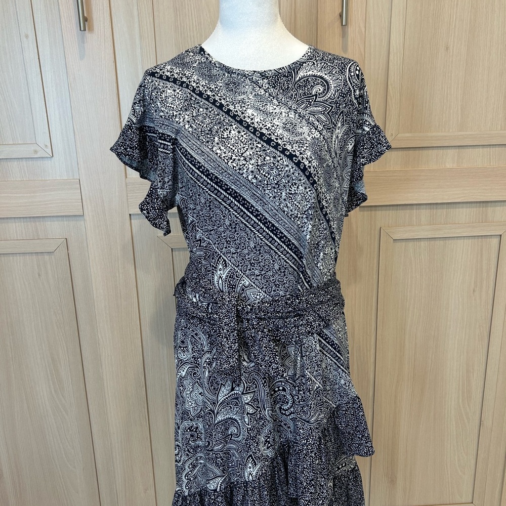Michael Michael Kors Paisley Ruffle Dress Navy White Size S